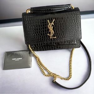 YSL sunset chain wallet in crocodile embossed shiny leather